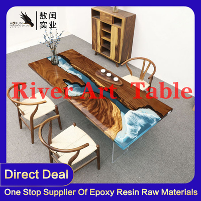 Tepi Sungai Epoxy Resin Meja Makan Seni Perabotan Rumah Kayu Asli Live